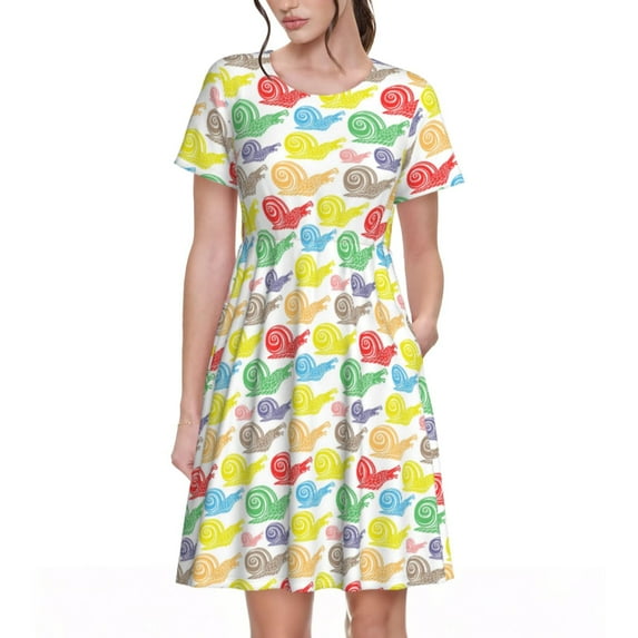 Lsque Colorful Snails Print Women's Casual Dress T-Shirt Summer Short Sleeve Scoop Neck Swing Dresses