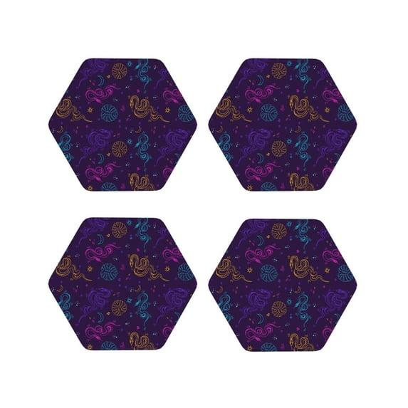 Lsque Colorful Snake Pattern 4" Drink Coasters Set of 4, PVC Leather Absorbent Coasters, Table Coaster Set Decorative Coffee Cup Coasters Housewarming Gift -Hexagon