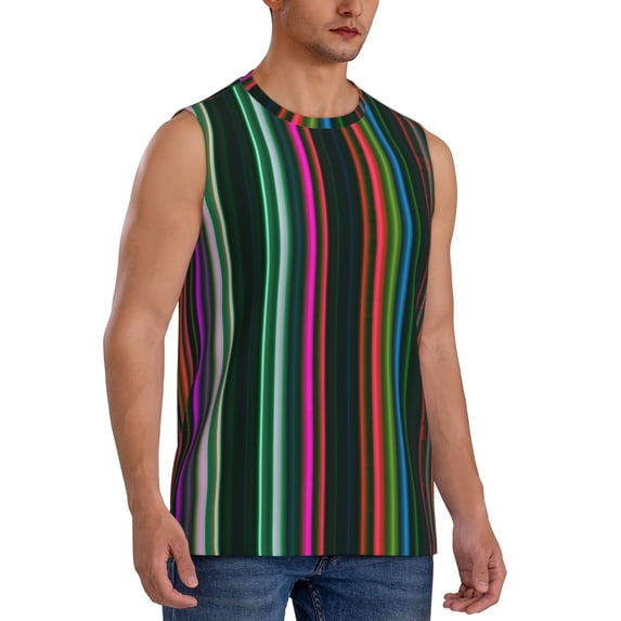 Lsque Colorful Stripes Print Men's Cotton Blend Sleeveless Muscle Shirts (S-3XL)- Moisture Wicking, Odor Protection, UPF 30+,X-Large