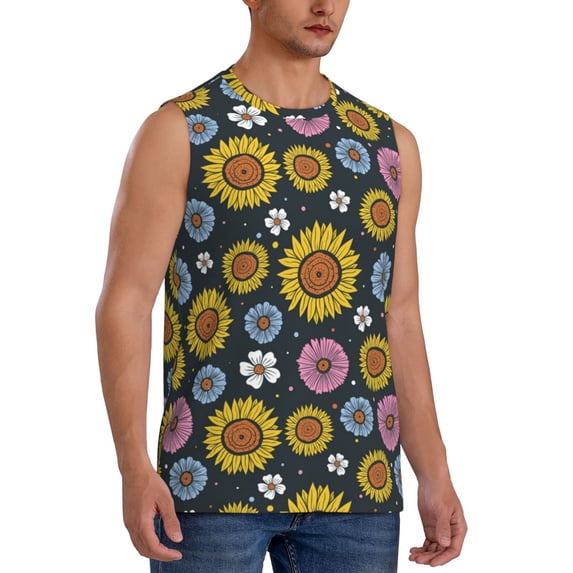 Lsque Colorful Sunflowers Print Men's Cotton Blend Sleeveless Muscle Shirts (S-3XL)- Moisture Wicking, Odor Protection, UPF 30+,XX-Large