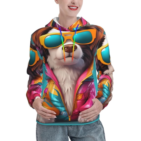 Lsque Colorful Sunglasses Dog Pattern Casual Women's Hoodie,Hooded Sweatshirt with Kangaroo Pocket,Pullover Hoodie with Eye-catching Drawstrings-Medium