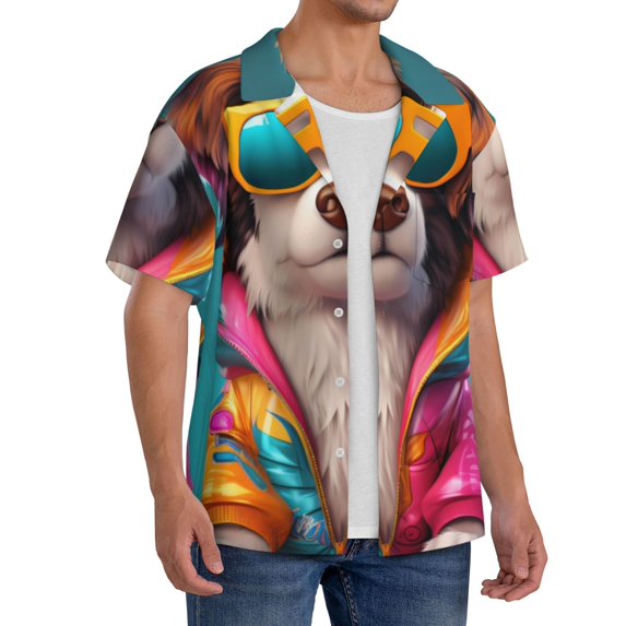 Lsque Colorful Sunglasses Dog print Men's Cuban Collar Short Sleeve Shirt Summer Beachwear Casual Button Down Fashionable Vacation Leisure Shirt-Small