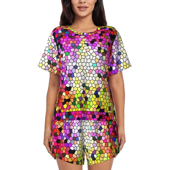 Lsque Colorful Tie Dye Stained Glass 3 Women's Short-Sleeved Pajama Set - 2 Piece Soft and Lightweight Sleepwear Set-Medium