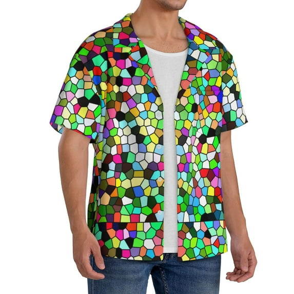 Lsque Colorful Tie Dye Stained Glass print Men's Cuban Collar Short Sleeve Shirt Summer Beachwear Casual Button Down Fashionable Vacation Leisure Shirt-XX-Large