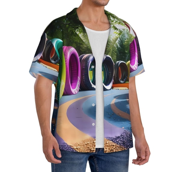 Lsque Colorful Tire Tunnel Park print Men's Cuban Collar Short Sleeve Shirt Summer Beachwear Casual Button Down Fashionable Vacation Leisure Shirt-Large
