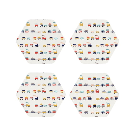 Lsque Colorful Trains Pattern 4" Drink Coasters Set of 4, PVC Leather Absorbent Coasters, Table Coaster Set Decorative Coffee Cup Coasters Housewarming Gift -Hexagon