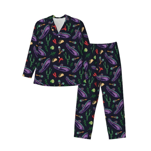Lsque Colorful Vintage Cactuses Pattern Long Sleeve Pajama Set for Men - Soft 2-Piece Sleepwear and Loungewear Set with Pockets, Comfy Nightwear-XX-Large