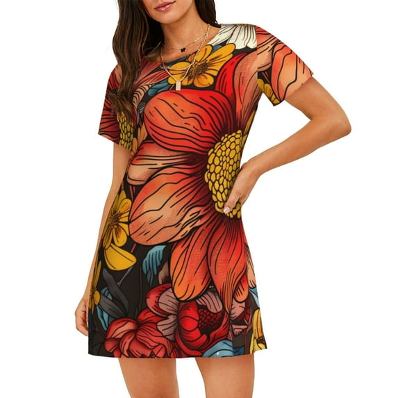 Lsque Colorful Vintage Floral Pattern Pattern Nightgowns for Women Sleep Shirts Short Sleeve Nightshirt Pullover Nightdress Soft Sleepwear Relaxed Fit Nightdress