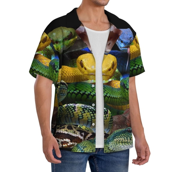 Lsque Colorful Viper Snake print Men's Cuban Collar Short Sleeve Shirt Summer Beachwear Casual Button Down Fashionable Vacation Leisure Shirt-3X-Large