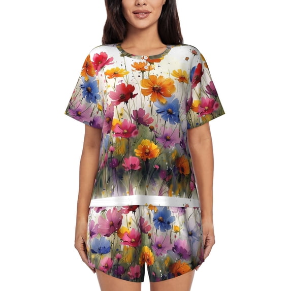 Lsque Colorful Wildflower Meadow Women's Short-Sleeved Pajama Set - 2 Piece Soft and Lightweight Sleepwear Set-X-Large