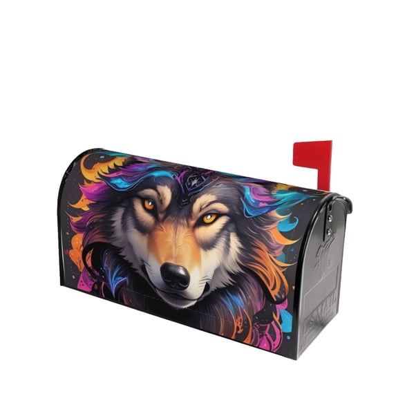 Lsque Colorful Wolf Head Mailbox Cover Standard Size ,Magnetic Mailbox Covers Post Wraps Letter Box Cover -25.5x21 in