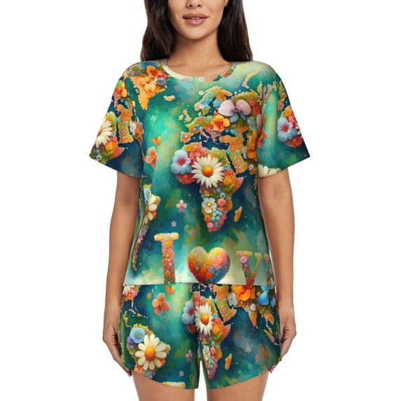 Lsque Colorful World Map Women's Short-Sleeved Pajama Set - 2 Piece Soft and Lightweight Sleepwear Set-3X-Large