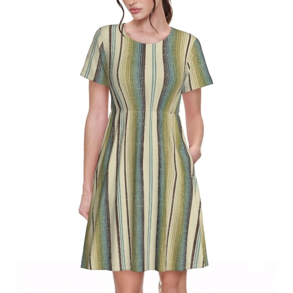 Lsque Colourful stripes Print Women's Casual Dress T-Shirt Summer Short Sleeve Scoop Neck Swing Dresses