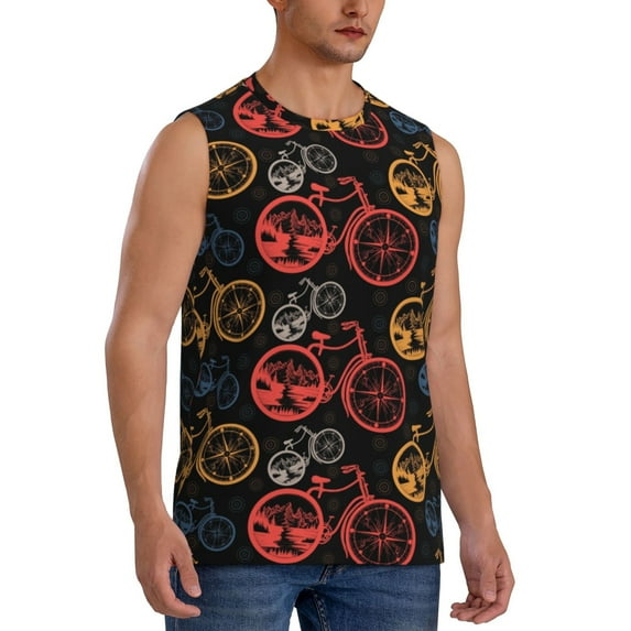 Lsque Compass And Mountains In Bicycle Wheels1 Print Men's Cotton Blend Sleeveless Muscle Shirts (S-3XL)- Moisture Wicking, Odor Protection, UPF 30+,X-Large