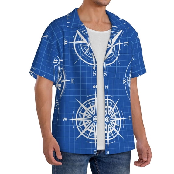 Lsque Compass print Men's Cuban Collar Short Sleeve Shirt Summer Beachwear Casual Button Down Fashionable Vacation Leisure Shirt-3X-Large