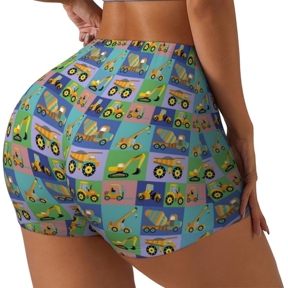 Lsque Construction Machinery Pattern High Waisted Biker Shorts for Women-Tummy Control Fitness Athletic Workout Running Yoga Gym Shorts,Moisture-Wicking-Large