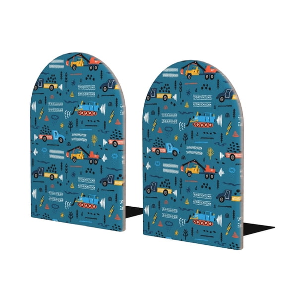 Lsque Construction Trucks Printed Wood Bookends,Non-Skid Bookend for Shelves,Heavy Duty Support Bookends,Non-Slip Foam Pads for Office, Home, and Library,1 Pair