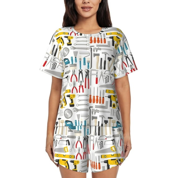 Lsque Construction tools Pattern Women's Short-Sleeved Pajama Set - 2 Piece Soft and Lightweight Sleepwear Set-Small