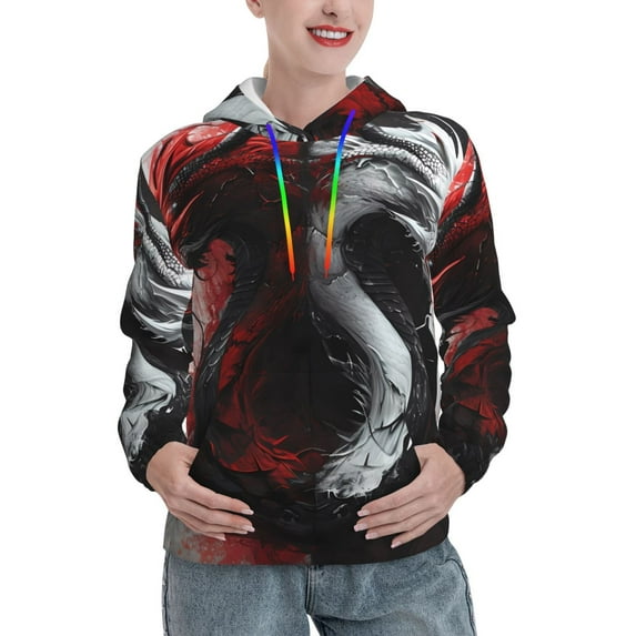 Lsque Cool Black And White Dragon Pattern Casual Women's Hoodie,Hooded Sweatshirt with Kangaroo Pocket,Pullover Hoodie with Eye-catching Drawstrings-XX-Large