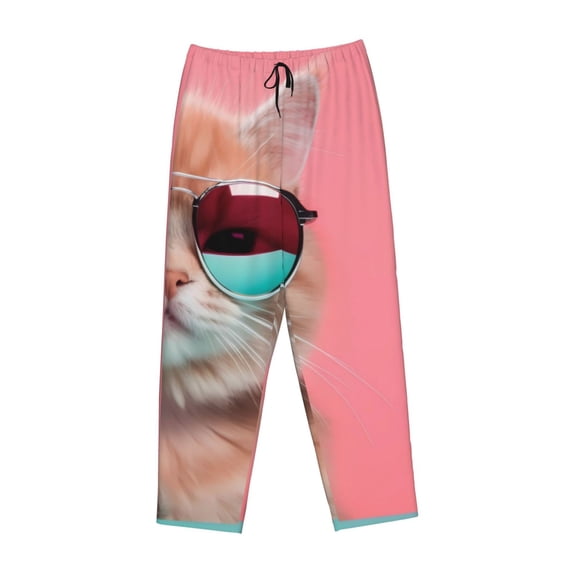 Lsque Cool Cat Pink Sunglasses Print Women's Pajama Pants, Lounge Pant - Comfortable Home Wear,Elastic Waistband, Stylish Design-Small