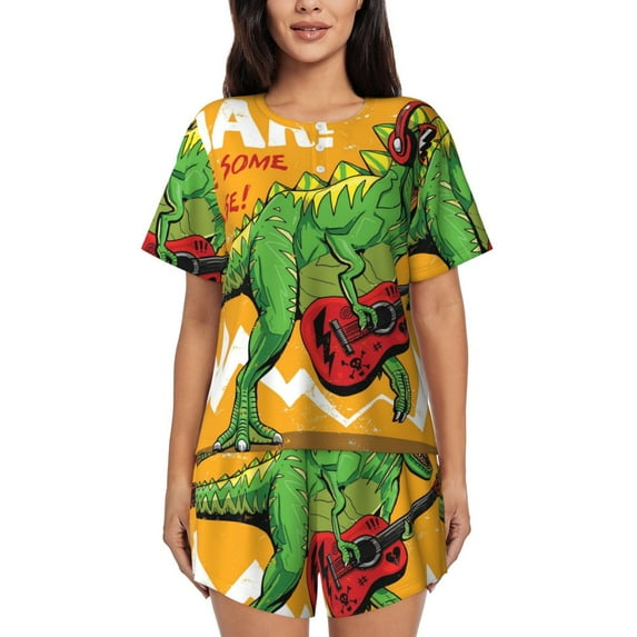 Lsque Cool Dinosaur Playing Guitar Women's Short-Sleeved Pajama Set - 2 Piece Soft and Lightweight Sleepwear Set-4X-Large