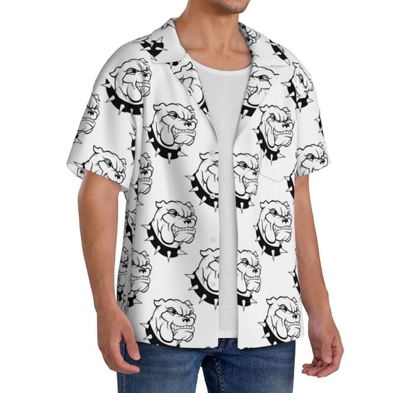 Lsque Cool Dog print Men's Cuban Collar Short Sleeve Shirt Summer Beachwear Casual Button Down Fashionable Vacation Leisure Shirt-Medium