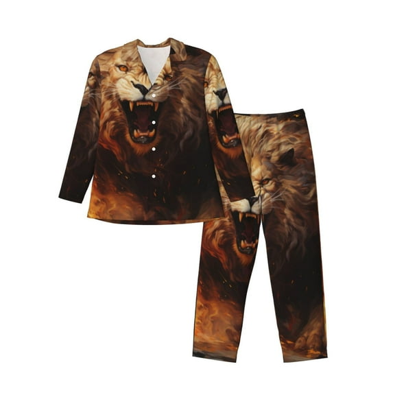 Lsque Cool Fire Lion Pattern Long Sleeve Pajama Set for Men - Soft 2-Piece Sleepwear and Loungewear Set with Pockets, Comfy Nightwear-Medium
