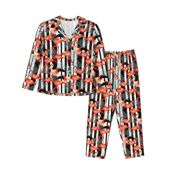Lsque Cool Flamingo Pattern Long Sleeve Pajama Set for Women - Soft 2-Piece Sleepwear and Loungewear Set with Pockets, Comfy Nightwear-XX-Large