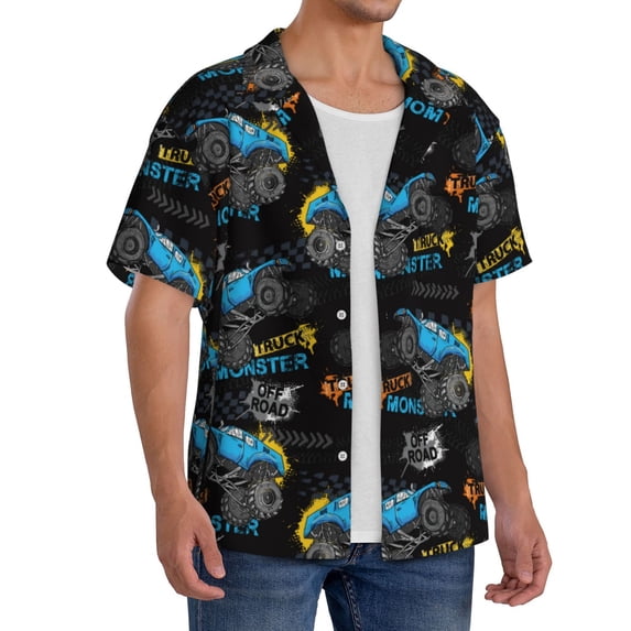 Lsque Cool Off-Road Vehicle print Men's Cuban Collar Short Sleeve Shirt Summer Beachwear Casual Button Down Fashionable Vacation Leisure Shirt-Medium