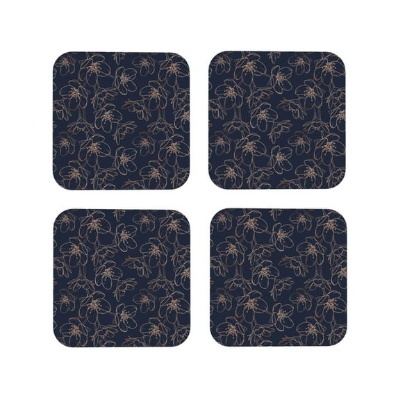 Lsque Copper-Gold Gloss Outline Cherry Pattern 4" Drink Coasters Set of 4, PVC Leather Absorbent Coasters, Table Coaster Set Decorative Coffee Cup Coasters Housewarming Gift -Square