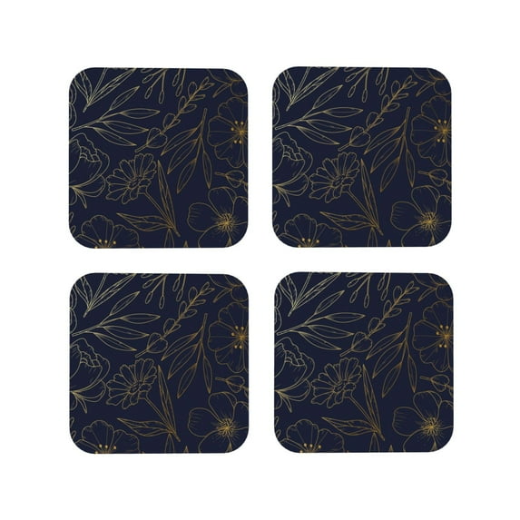 Lsque Copper-Gold Gloss Outline Flower Pattern 4" Drink Coasters Set of 4, PVC Leather Absorbent Coasters, Table Coaster Set Decorative Coffee Cup Coasters Housewarming Gift -Square