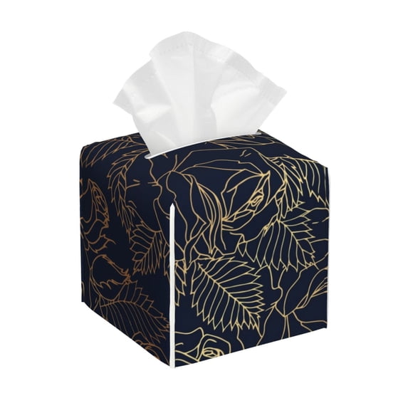 Lsque Copper-Gold Gloss Outline Rose Printed Tissue Box Cover Holder, Facial Paper Organizer Dispenser,Square with Bottom Belt, PVC Leather Decorative Organizer