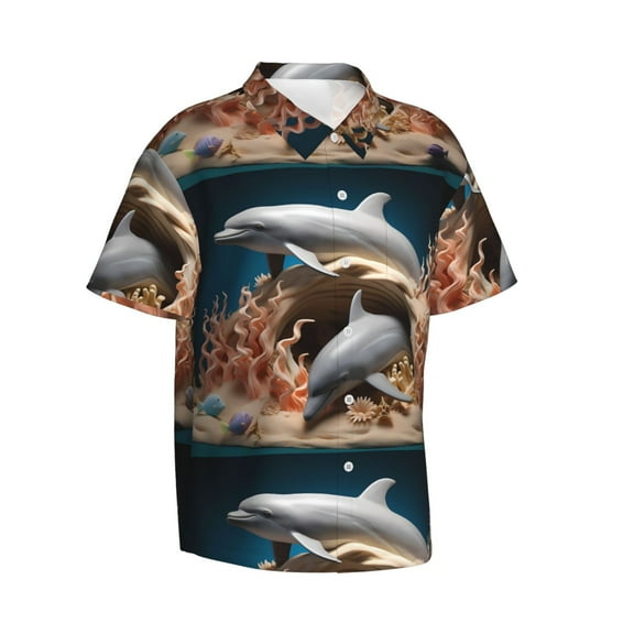 Lsque Coral Fish Dolphin pattern Hawaiian Shirt for Men, Unisex Summer Beach Casual Short Sleeve Button Down Shirts-X-Large