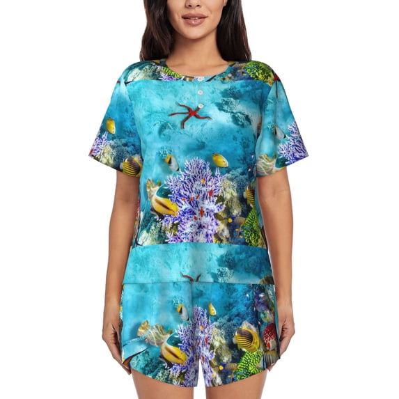 Lsque Corals and Tropical Fish Women's Short-Sleeved Pajama Set - 2 Piece Soft and Lightweight Sleepwear Set-Small
