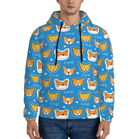 Lsque Corgi Dog Face Pattern Casual Men's Hoodie,Hooded Sweatshirt with Kangaroo Pocket,Pullover Hoodie-Large