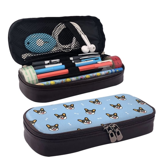 Lsque Corgi Dog Printed Big Capacity PU Leather Pencil Case Large Pencil Pouch Stationery Pen Bag Pencil Holder for Teen
