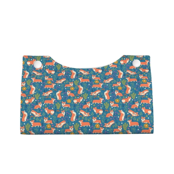 Lsque Corgi with Flowers Printed Long Tissue Box Cover Holder, Facial Paper Organizer Dispenser,Triangle with Bottom Belt, PVC Leather Decorative Organizer