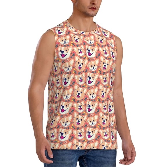 Lsque Corgi Head with Floal Print Men's Cotton Blend Sleeveless Muscle Shirts (S-3XL)- Moisture Wicking, Odor Protection, UPF 30+,Large
