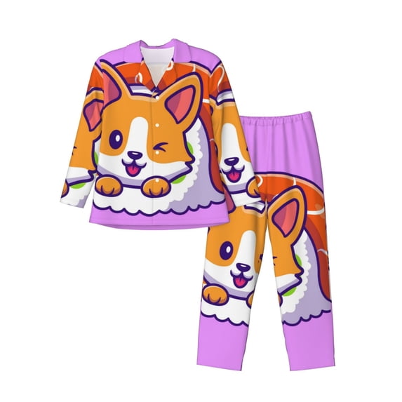 Lsque Corgi In Sushi Roll Pattern Long Sleeve Pajama Set for Men - Soft 2-Piece Sleepwear and Loungewear Set with Pockets, Comfy Nightwear-XX-Large