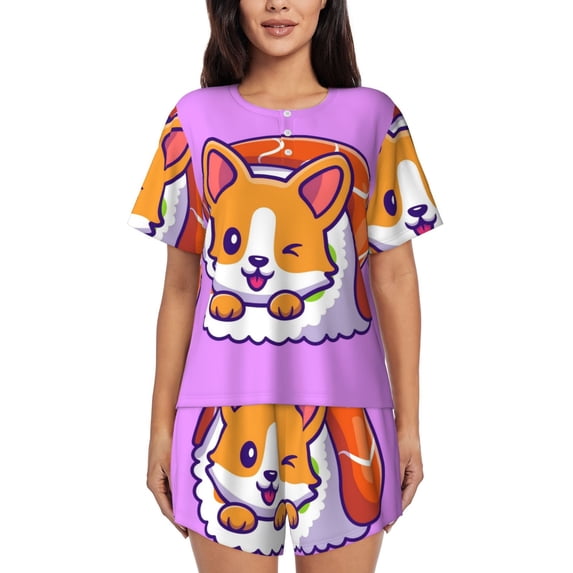 Lsque Corgi In Sushi Roll Women's Short-Sleeved Pajama Set - 2 Piece Soft and Lightweight Sleepwear Set-Small