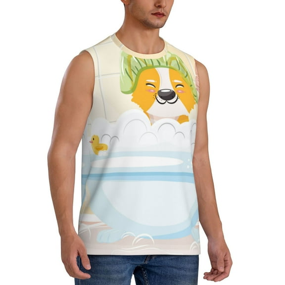 Lsque Corgi In The Shower Cap Bathing Print Men's Cotton Blend Sleeveless Muscle Shirts (S-3XL)- Moisture Wicking, Odor Protection, UPF 30 ,Medium