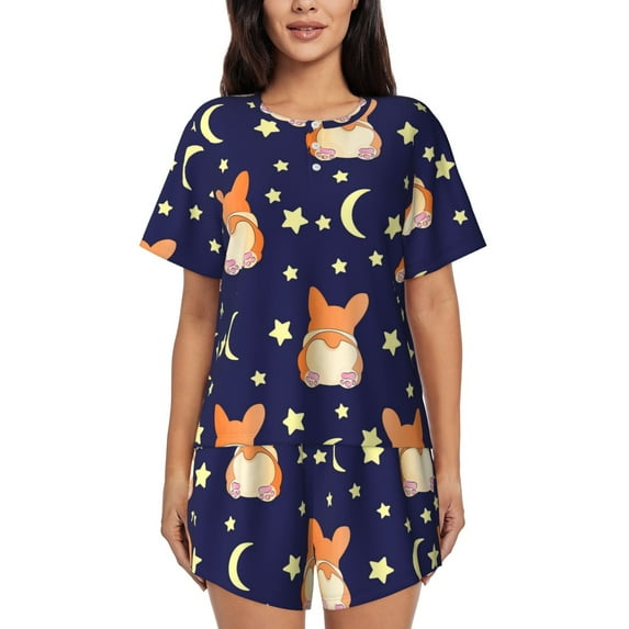 Lsque Corgi Lying With Moons And Stars Women's Short-Sleeved Pajama Set - 2 Piece Soft and Lightweight Sleepwear Set-Medium