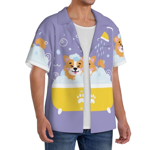 Lsque Corgi Washing in Bathtub print Men's Cuban Collar Short Sleeve Shirt Summer Beachwear Casual Button Down Fashionable Vacation Leisure Shirt-Large