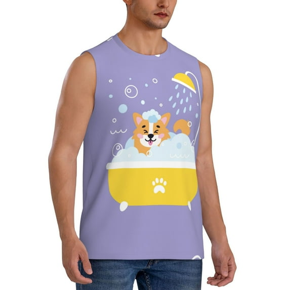 Lsque Corgi Washing in Bathtub Print Men's Cotton Blend Sleeveless Muscle Shirts (S-3XL)- Moisture Wicking, Odor Protection, UPF 30+,XX-Large