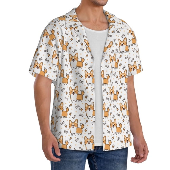 Lsque Corgi with Hearts print Men's Cuban Collar Short Sleeve Shirt Summer Beachwear Casual Button Down Fashionable Vacation Leisure Shirt-XX-Large