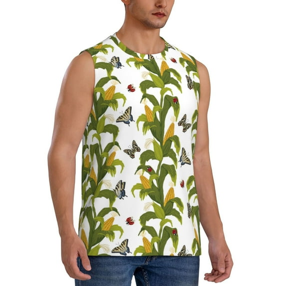 Lsque Corn And Butterflies Print Men's Cotton Blend Sleeveless Muscle Shirts (S-3XL)- Moisture Wicking, Odor Protection, UPF 30+,X-Large