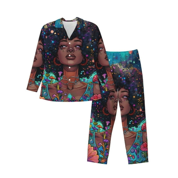 Lsque Cosmic Garden Woman Portrait Pattern Long Sleeve Pajama Set for Men - Soft 2-Piece Sleepwear and Loungewear Set with Pockets, Comfy Nightwear-X-Large