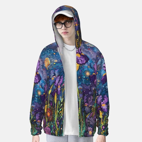 Lsque Cosmic Purple Irises UPF 50+ Lightweight Sun Protection Men's Women's Long Sleeve Shirt, Hoodie Performance -Large
