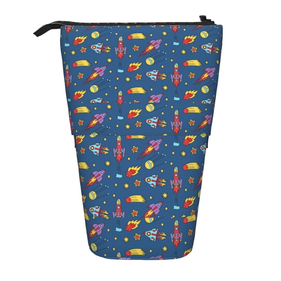 Lsque Cosmos Rockets Pattern Telescopic Pencil Bag Pen Holder Stationery Case, Stand-up Retractable Transformer Bag Organizer