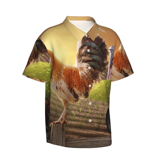 Lsque Country Farm Morning Rooster pattern Hawaiian Shirt for Men, Unisex Summer Beach Casual Short Sleeve Button Down Shirts-3X-Large